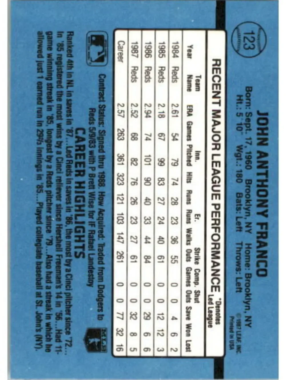 1988 John Franco Donruss Baseball Card #123